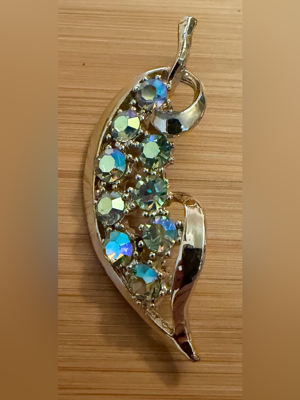 Vintage 1950s Aurora Borealis Rhinestone Leaf Brooch